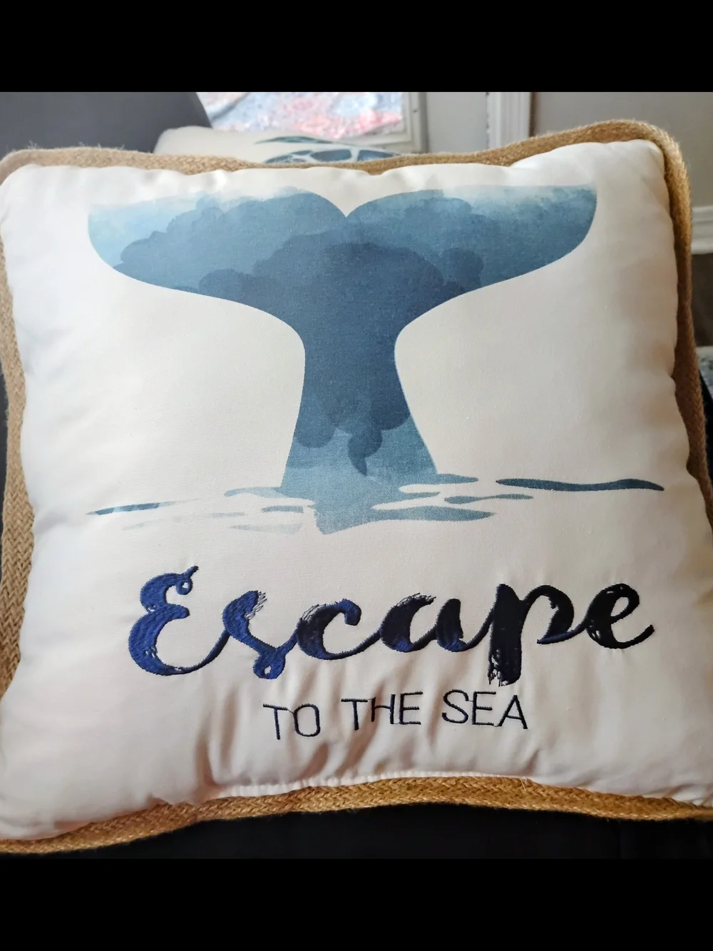 Coastal Turtle & Whale Throw Pillow Pair -Blue & White Embroidered Text. 16x16